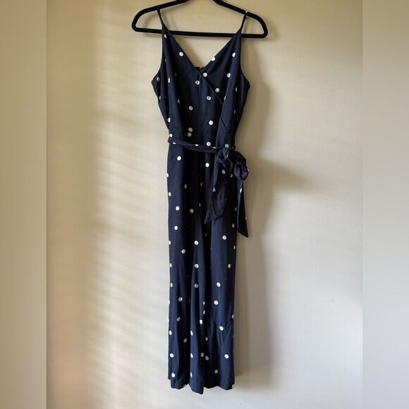 NWT LOFT Navy Polka Dot smocked Jumpsuit Size 4 - Picture 1 of 12